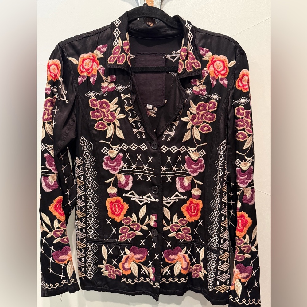 Johnny Was Black Embroidered Floral Blazer Jacket